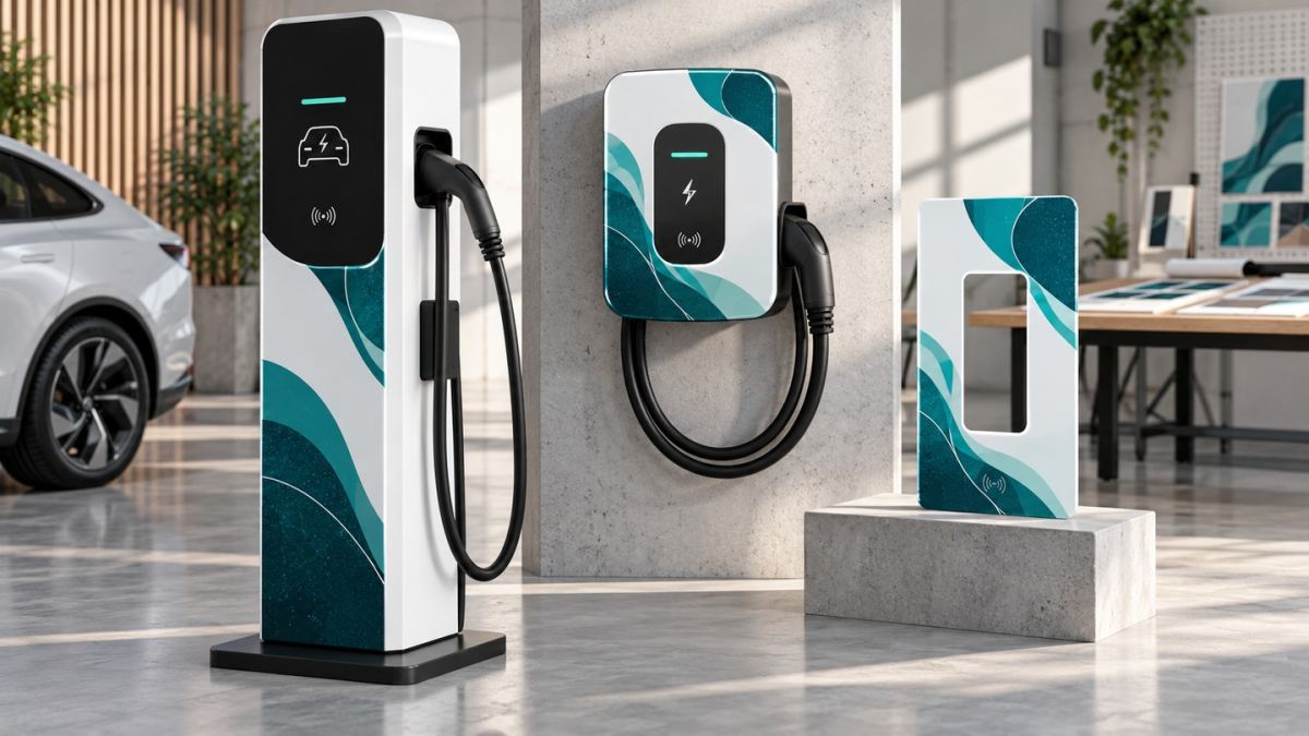 充電樁UV印刷外殼與壁掛式充電盒應用示意